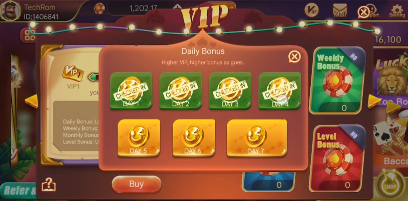 Claim your daily bonus for each login day in Rummy Gold VIP program