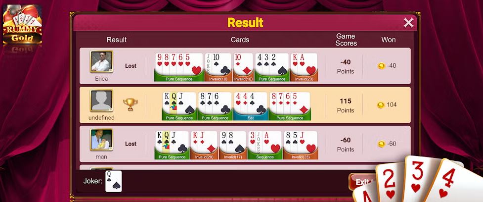 Check your game scores and won chips on result screen