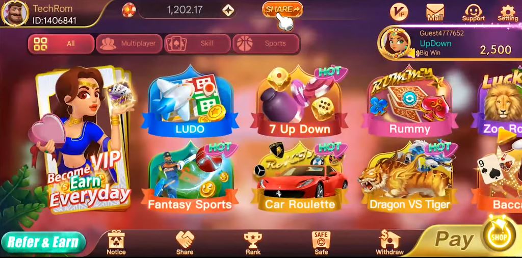 Play popular card and casino games at Rummy Gold mobile lobby